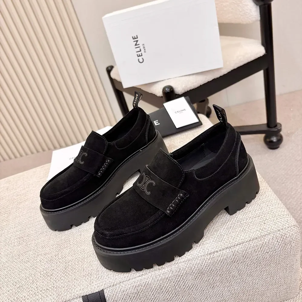 Celine Triomphe Loafers in Suede Calfskin for Women in Black Celine Triomphe Loafers in Suede Calfskin for Women in Black