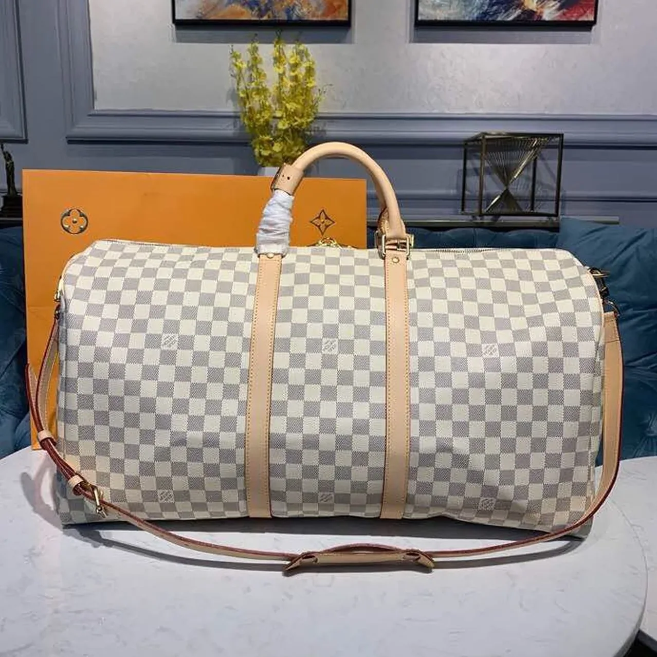 Louis Vuitton Keepall Bandouliere 55 Travel Bag in Damier Azur Gold Hardware Louis Vuitton Keepall Bandouliere 55 Travel Bag in Damier Azur Gold Hardware