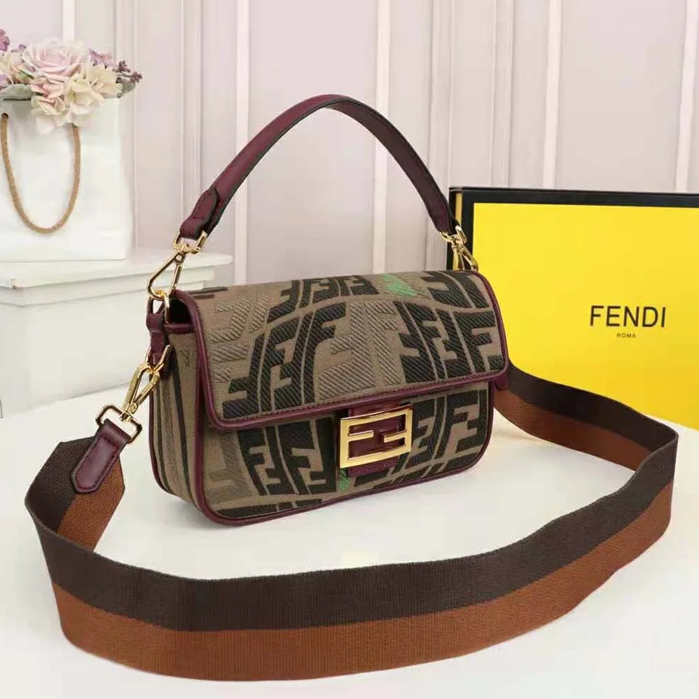 Fendi Baguette Embroidered Green Canvas Bag for Women
