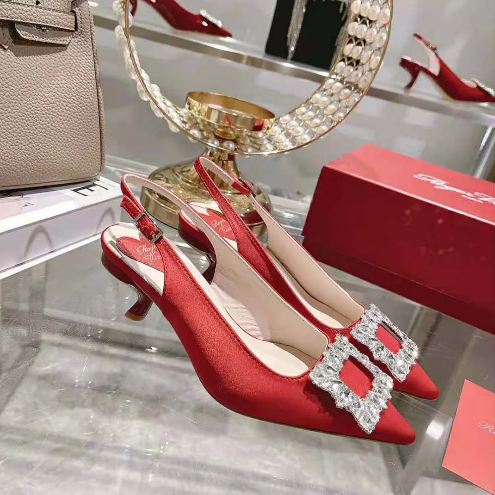 Roger Vivier Virgule Strass Buckle Slingback Pumps in Satin for Women in Red Roger Vivier Virgule Strass Buckle Slingback Pumps in Satin for Women in Red