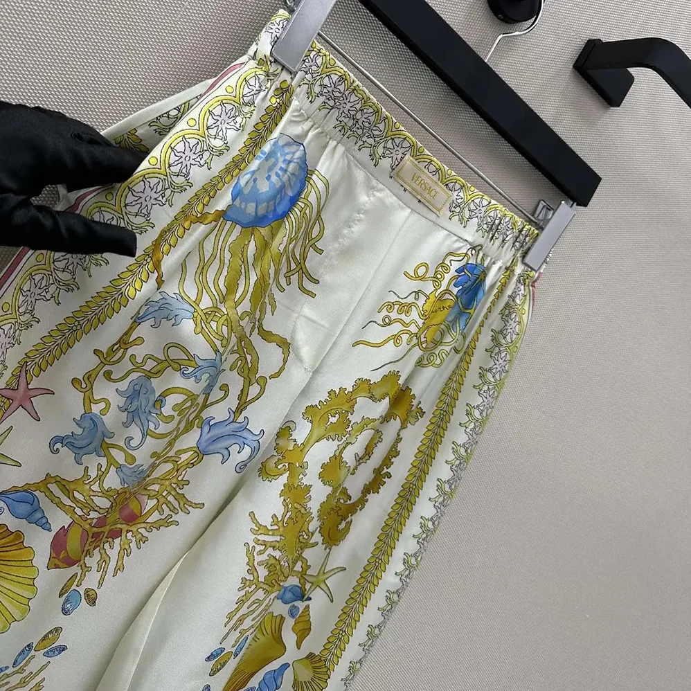Versace Underwater Barocco Silk Pants for Women in Yellow