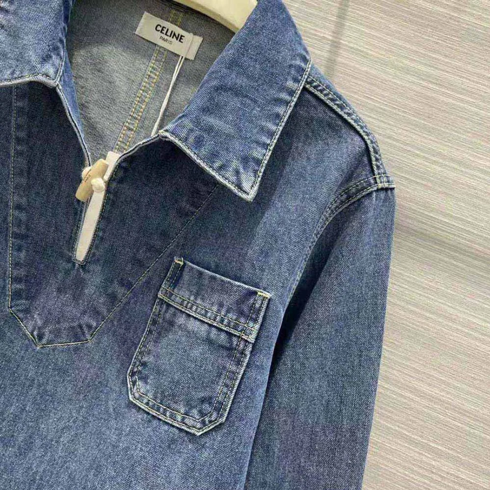 Celine Open-Collar Sweater in Pacific Sky Wash Denim for Women in Navy