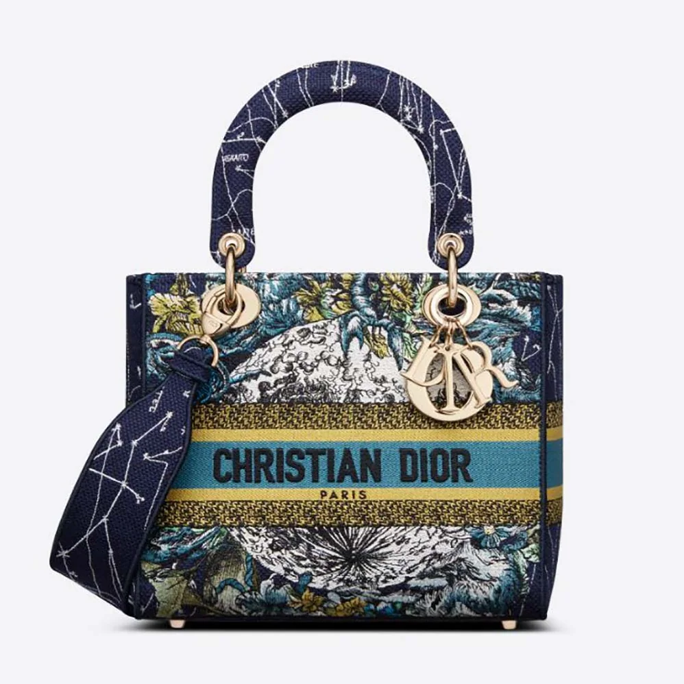 Dior Medium Lady D-lite Bag Latte Multicolor Dior Constellation Embroidery for Women in Blue