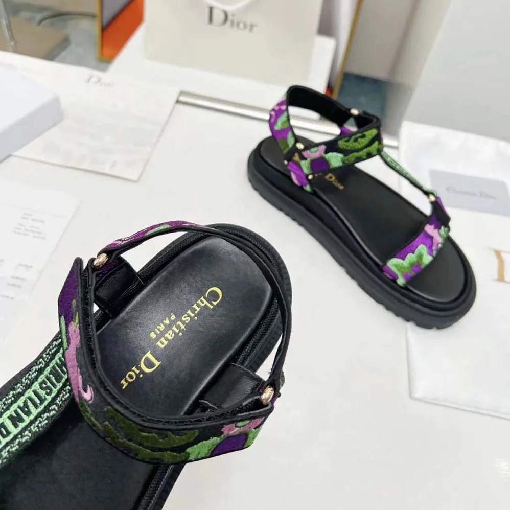 Dior D-Wave Sandal Black Multicolor Embroidered Cotton for Women