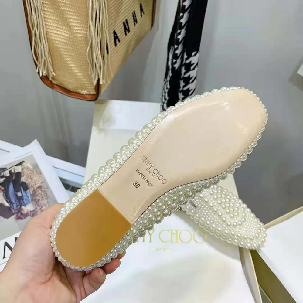 Jimmy Choo Varsha Flat White Satin Flats with All for Women in Over Pearl Embellishment