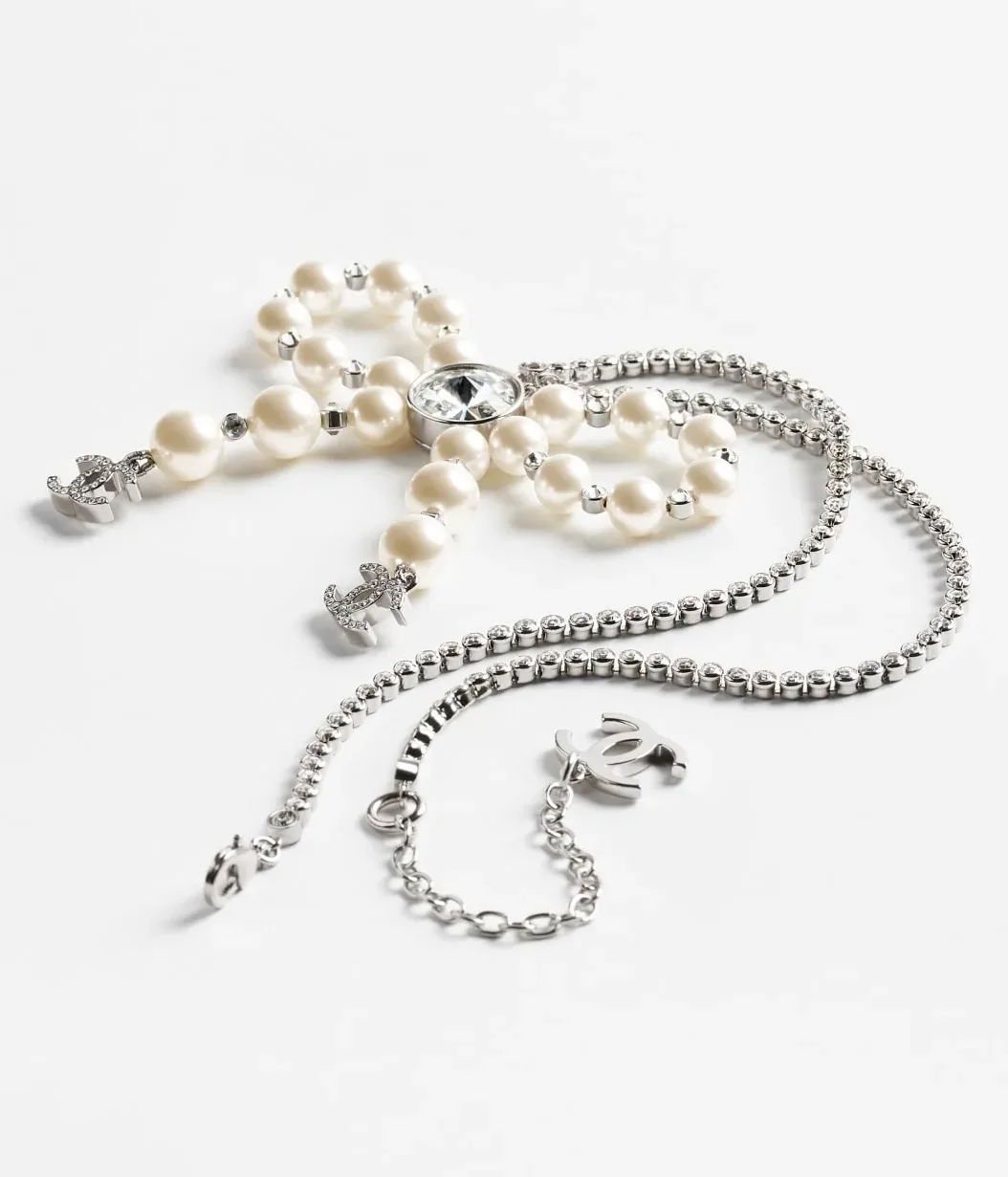 Chanel Bow Pendant Necklace Silver Pearly White