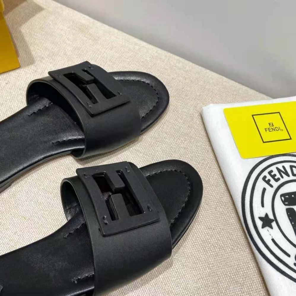 Fendi Signature Black Leather Slides in 0.4 inches Heel Height for Women
