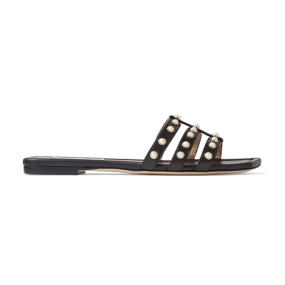 Jimmy Choo Hazal Flat Black Nappa Caged Flats with Pearl Studs for Women