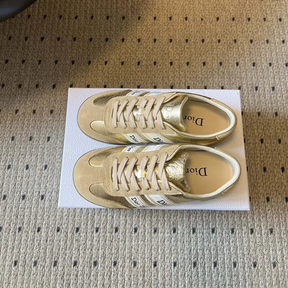 Dior Ribbon Sneaker Beige Suede Calfskin and Gold for Women in Tone Crinkled Laminated Lambskin Dior Ribbon Sneaker Beige Suede Calfskin and Gold for Women in Tone Crinkled Laminated Lambskin