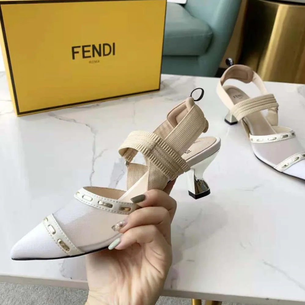 Fendi Colibri Pink Mesh Medium-Heel Slingbacks with Metal Stitches for Women Fendi Colibri Pink Mesh Medium-Heel Slingbacks with Metal Stitches for Women