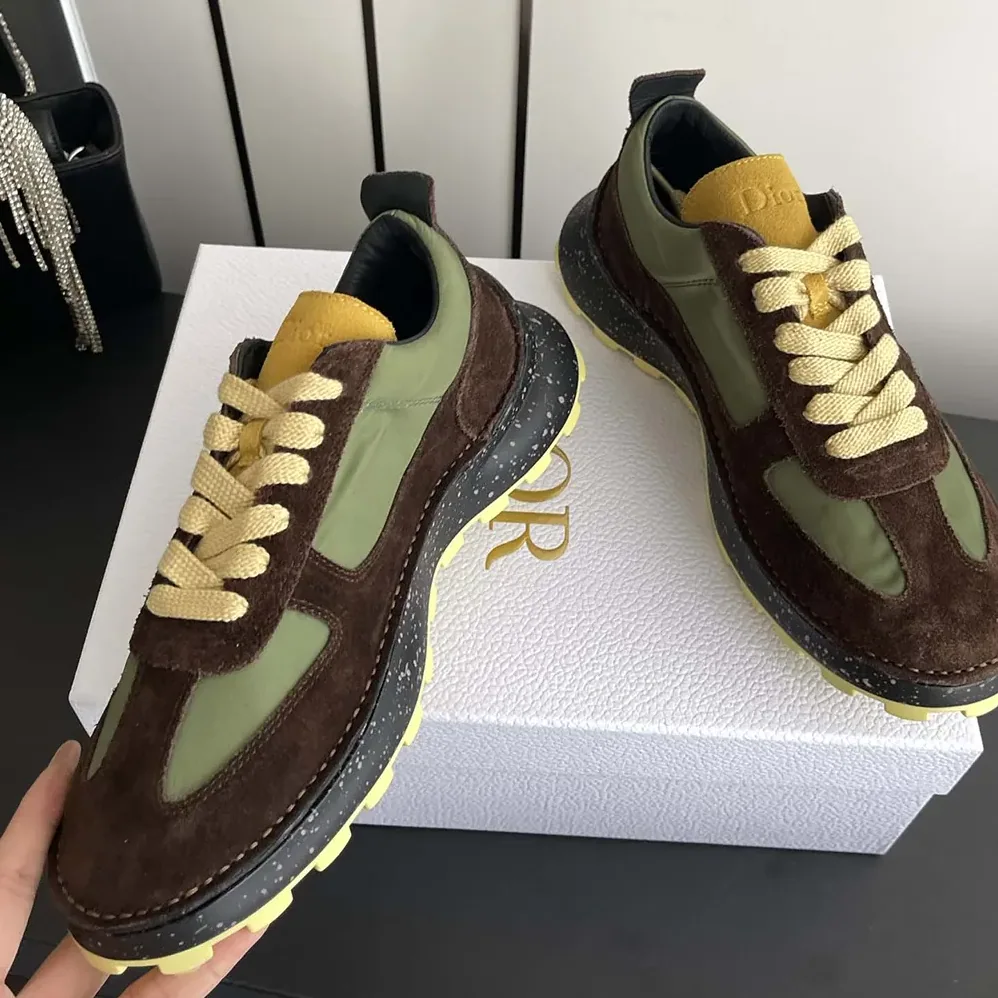 Dior Squash Sneaker Brown and Yellow Suede Calfskin with Green Technical Fabric for Unisex Dior Squash Sneaker Brown and Yellow Suede Calfskin with Green Technical Fabric for Unisex