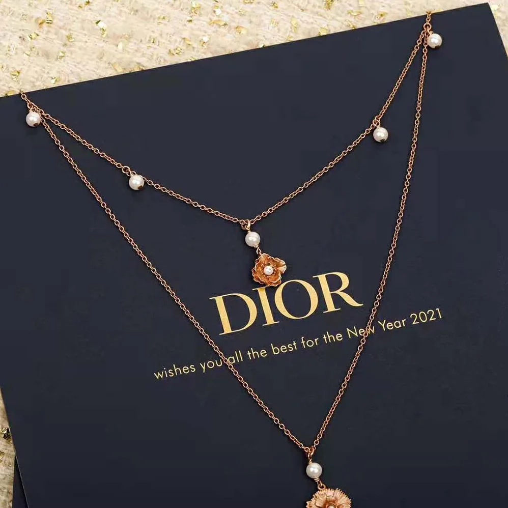 Dior D-Millefiori Necklace Matte Pink-Finish Metal and White Resin Pearls for Women Dior D-Millefiori Necklace Matte Pink-Finish Metal and White Resin Pearls for Women