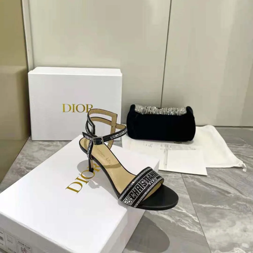 Dior Dway Heeled Sandal Black Cotton Embroidered with Thread and Silver for Women in Tone Strass