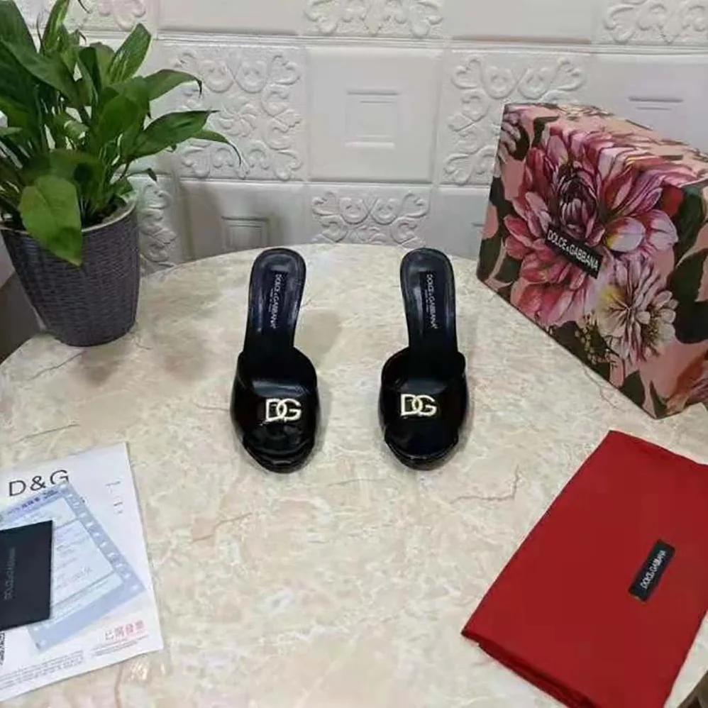 Dolce Gabbana D&G Patent Leather Mules with DG Logo for Women in Black