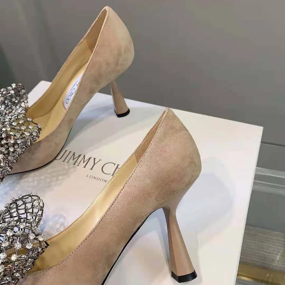 Jimmy Choo Seka 100 Ballet Pink Suede Pumps with Crystal Bow Clasp for Women