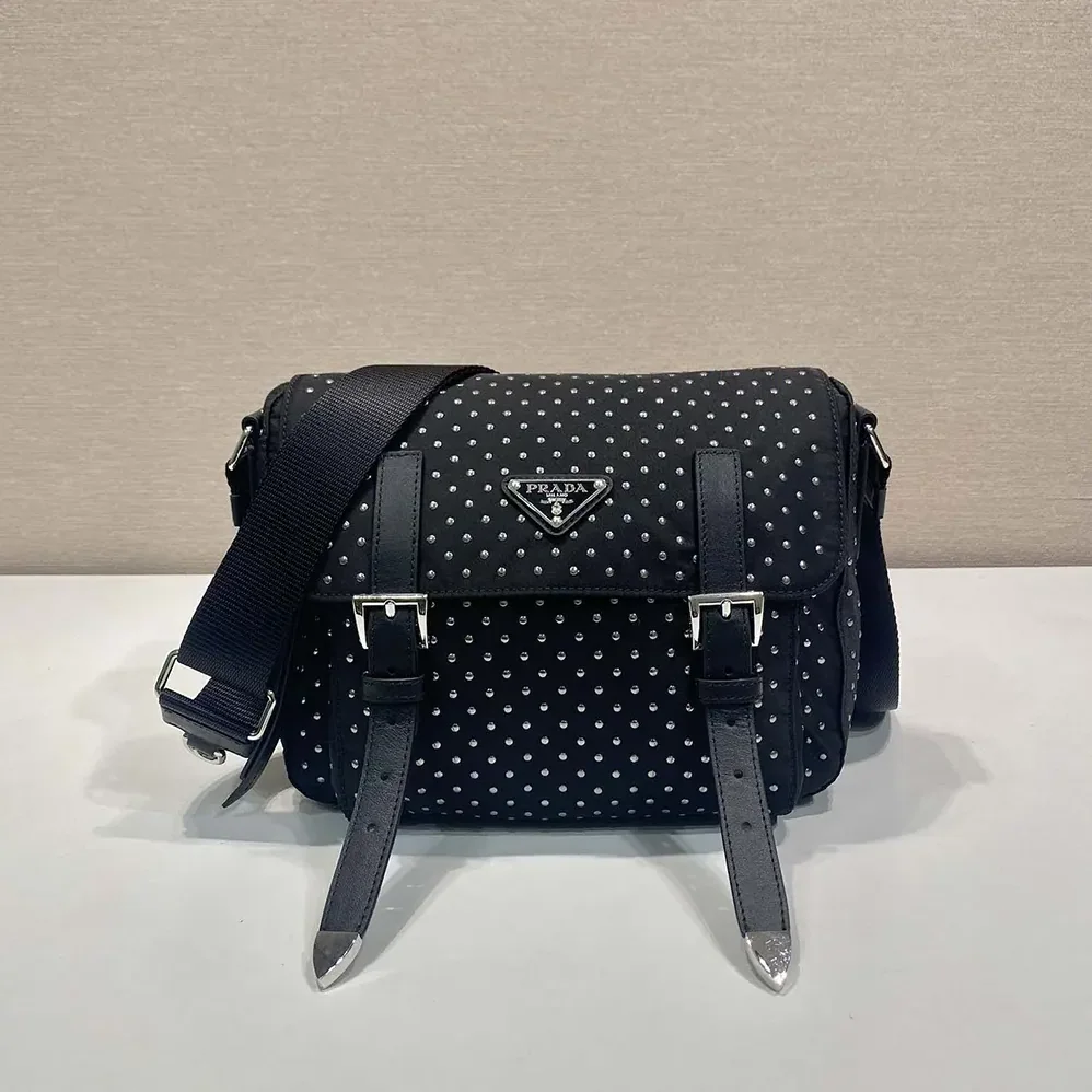 Prada Re-Nylon Shoulder Bag with Studs for Women