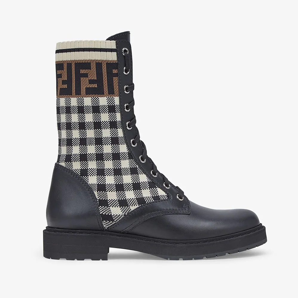 Fendi Rockoko Black Leather Biker Boots with Stretch Fabric for Women
