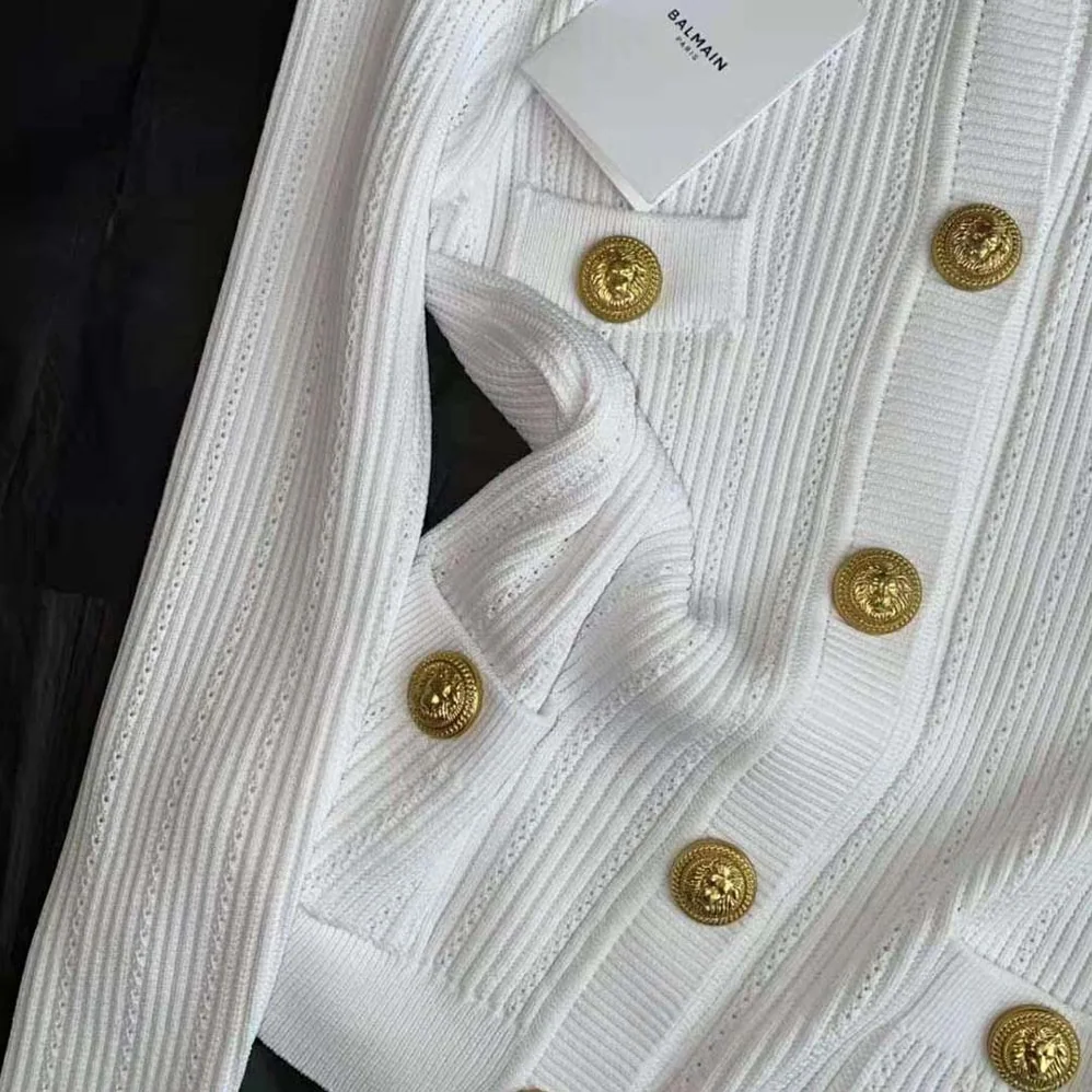 Balmain Knit Cardigan with Gold Buttons for Women in White