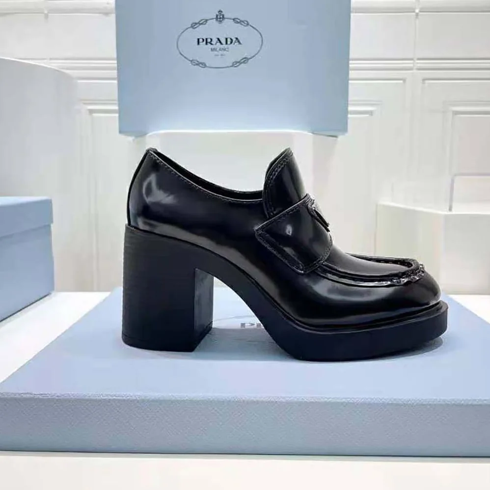 Prada Chocolate High for Women in Heeled Brushed Leather Loafers Prada Chocolate High for Women in Heeled Brushed Leather Loafers