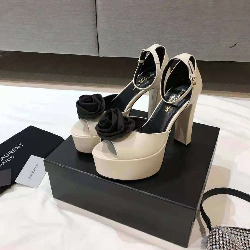 Saint Laurent YSL Jodie Platform Sandals in Smooth Leather with Silk Satin Flower for Women in White