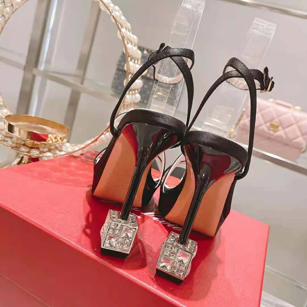 Roger Vivier Cube Strass Heel Sandals in Satin for Women in Black Roger Vivier Cube Strass Heel Sandals in Satin for Women in Black