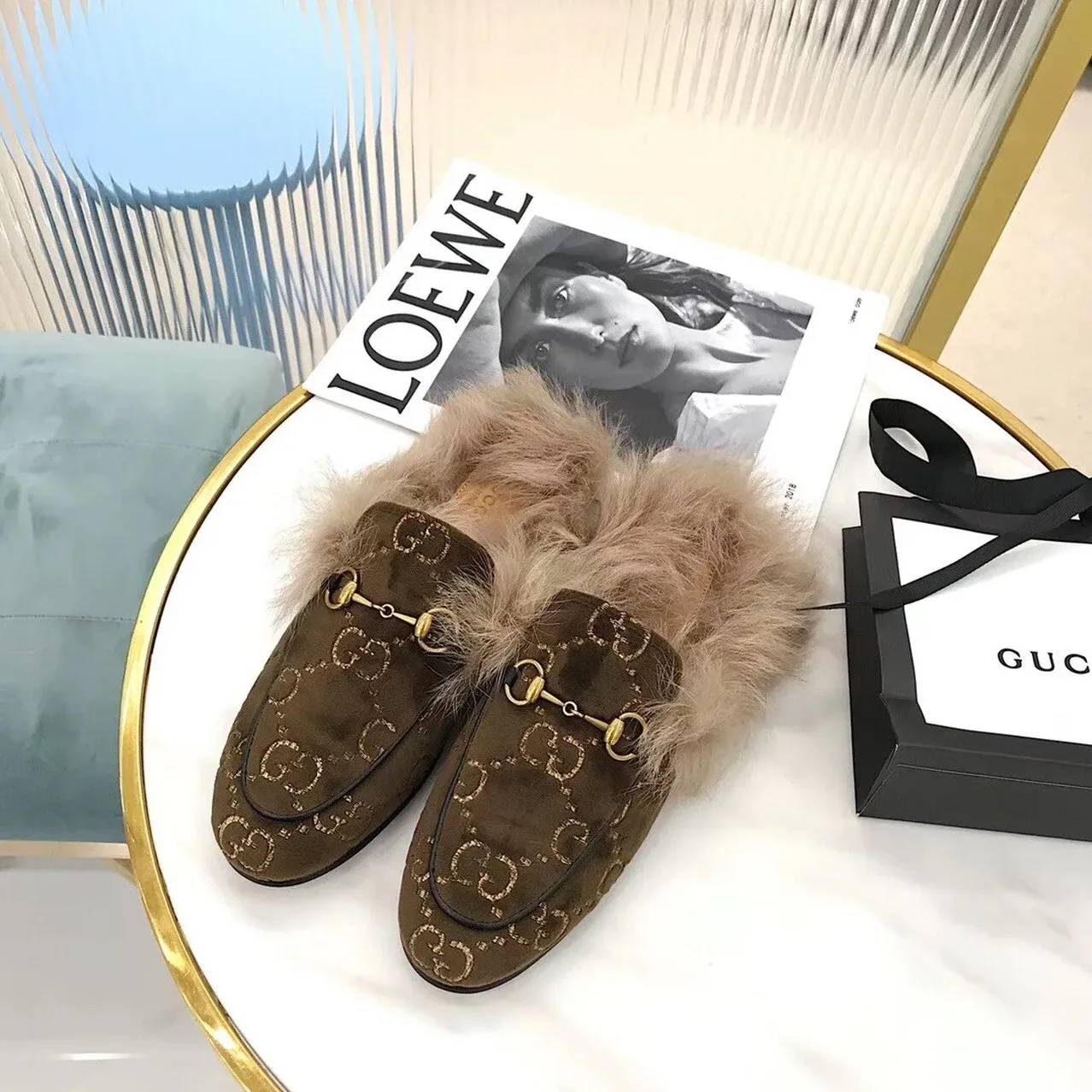Gucci Princetown Velvet Fur Slipper Mules Calfskin Leather Pre-Fall/Winter Collection, Brown Gucci Princetown Velvet Fur Slipper Mules Calfskin Leather Pre-Fall/Winter Collection, Brown