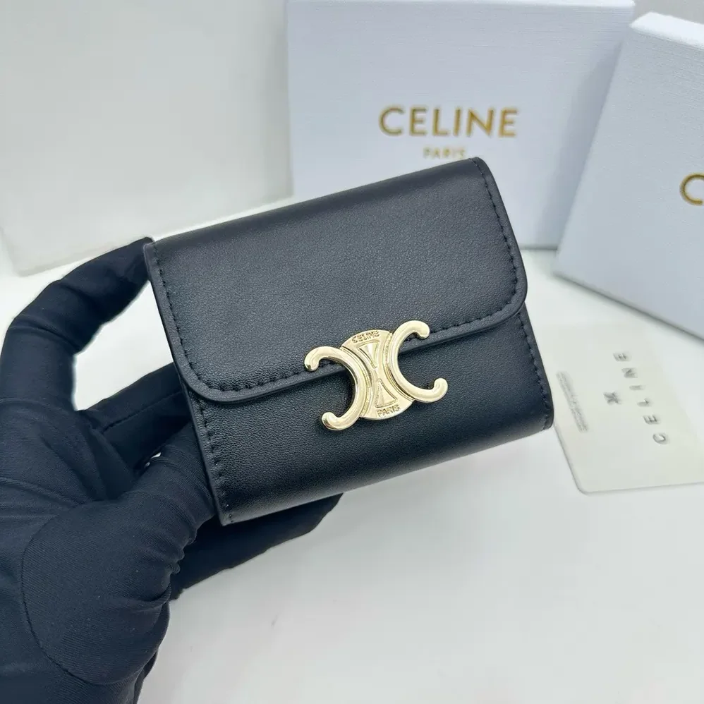 Celine Compact Wallet with Coin Triomphe in Shiny Calfskin for Women Celine Compact Wallet with Coin Triomphe in Shiny Calfskin for Women