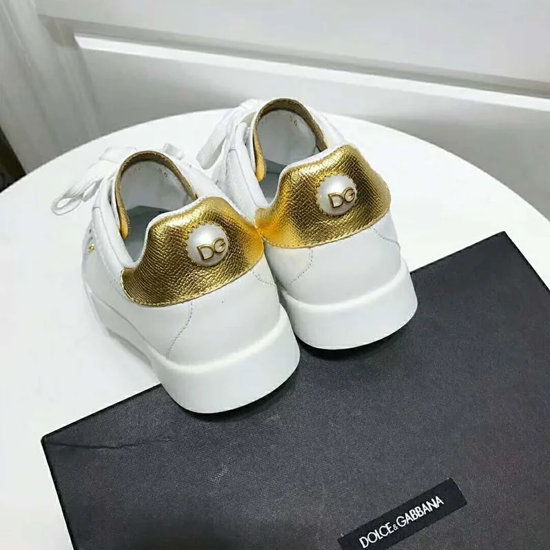 Dolce Gabbana D&G Shoes Leather Sneakers with Logo Bead for Women in White