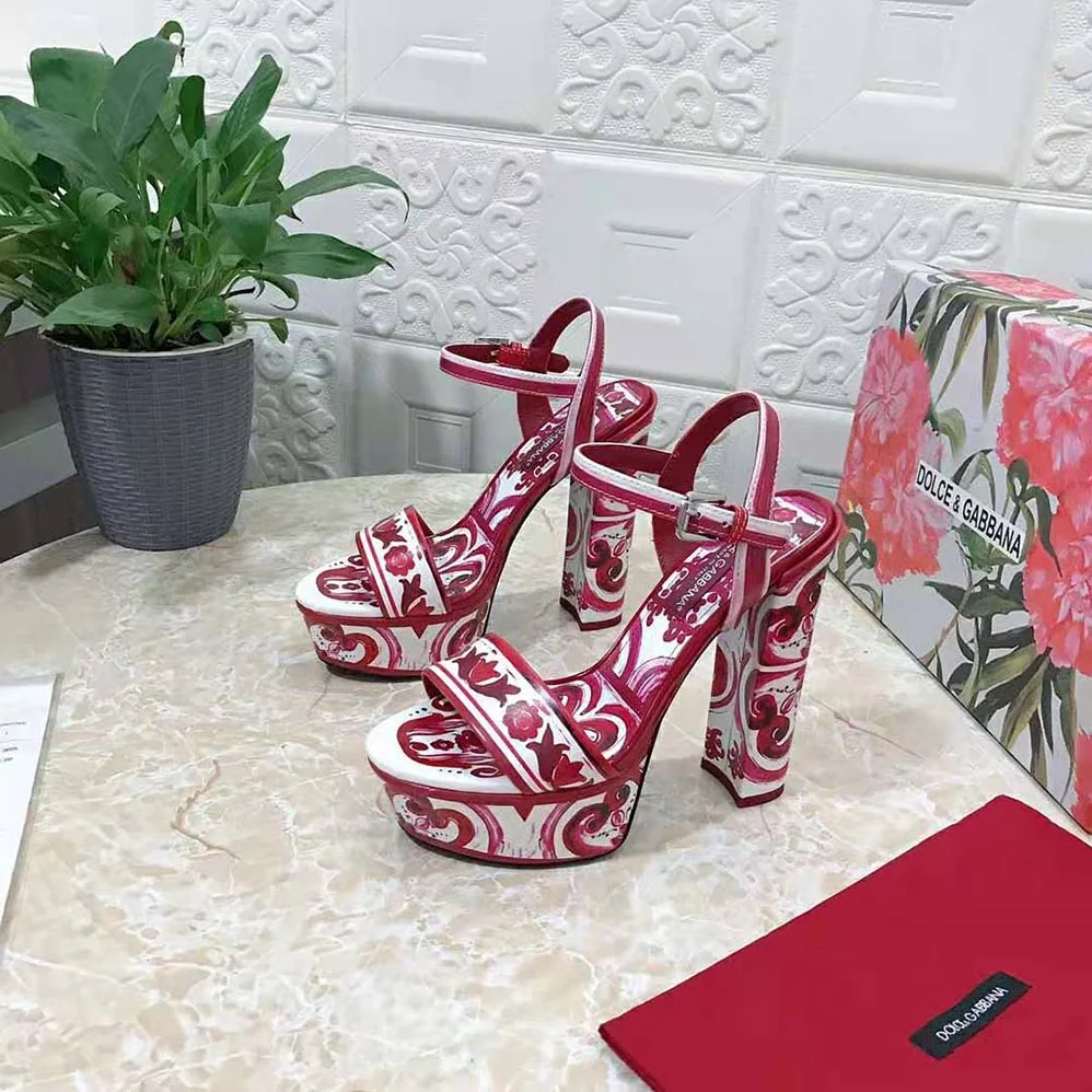 Dolce Gabbana D&G Printed Polished Calfskin Platform Sandals for Women Dolce Gabbana D&G Printed Polished Calfskin Platform Sandals for Women