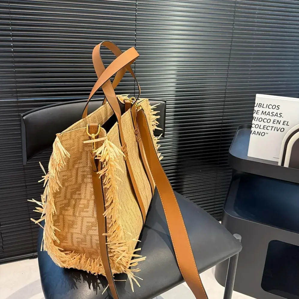 Fendi Summer Tote Jacquard Fabric Bag with Raffia FF for Women