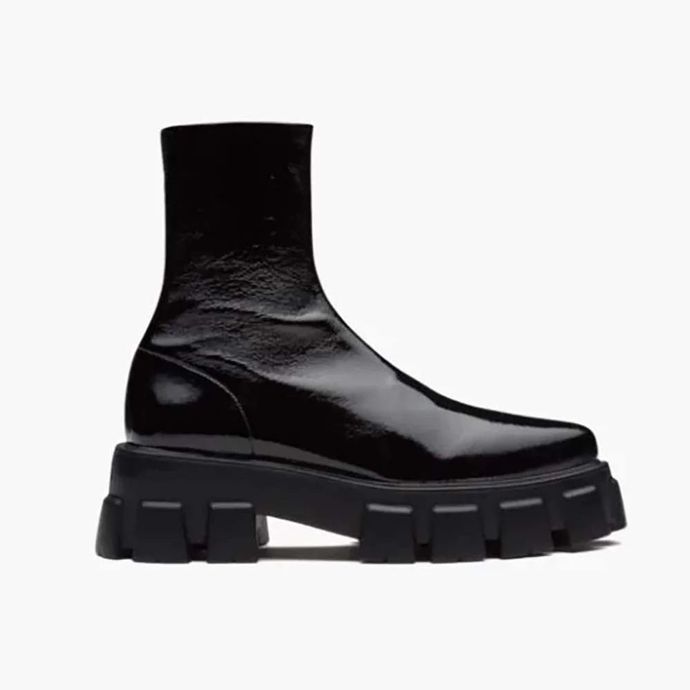 Prada Monolith Pointy Technical Patent Leather Booties for Women Prada Monolith Pointy Technical Patent Leather Booties for Women