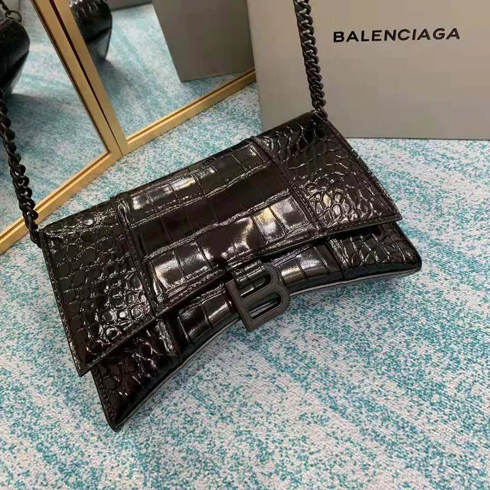 Balenciaga Hourglass Chain Bag in Black Shiny Crocodile Embossed Leather for Women Balenciaga Hourglass Chain Bag in Black Shiny Crocodile Embossed Leather for Women