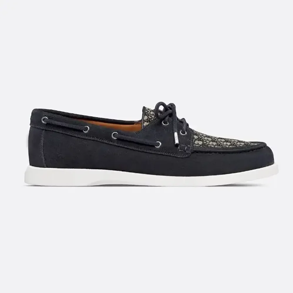 Dior Granville Boat Shoe Navy Blue Suede with Beige and Black Dior Oblique Jacquard for Men Dior Granville Boat Shoe Navy Blue Suede with Beige and Black Dior Oblique Jacquard for Men