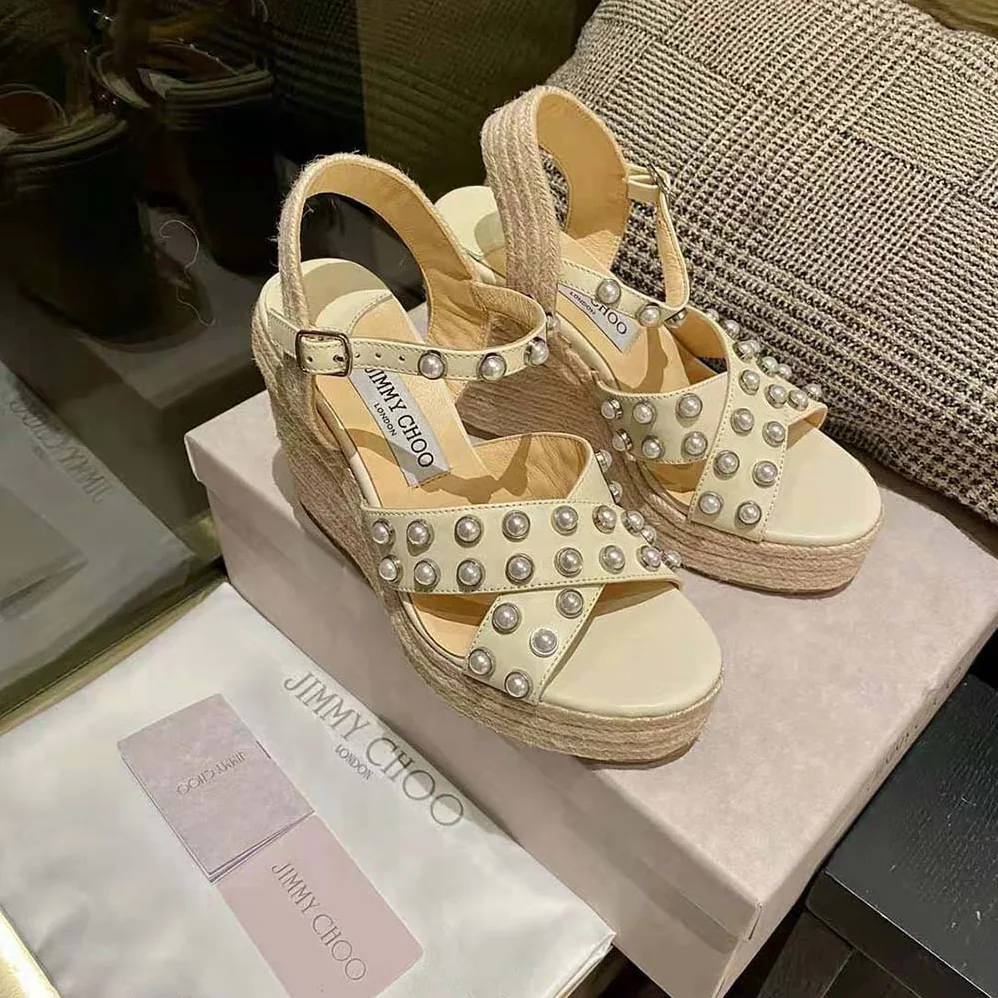 Jimmy Choo Dellena 100 Latte Nappa Wedges with Pearls for Women Jimmy Choo Dellena 100 Latte Nappa Wedges with Pearls for Women