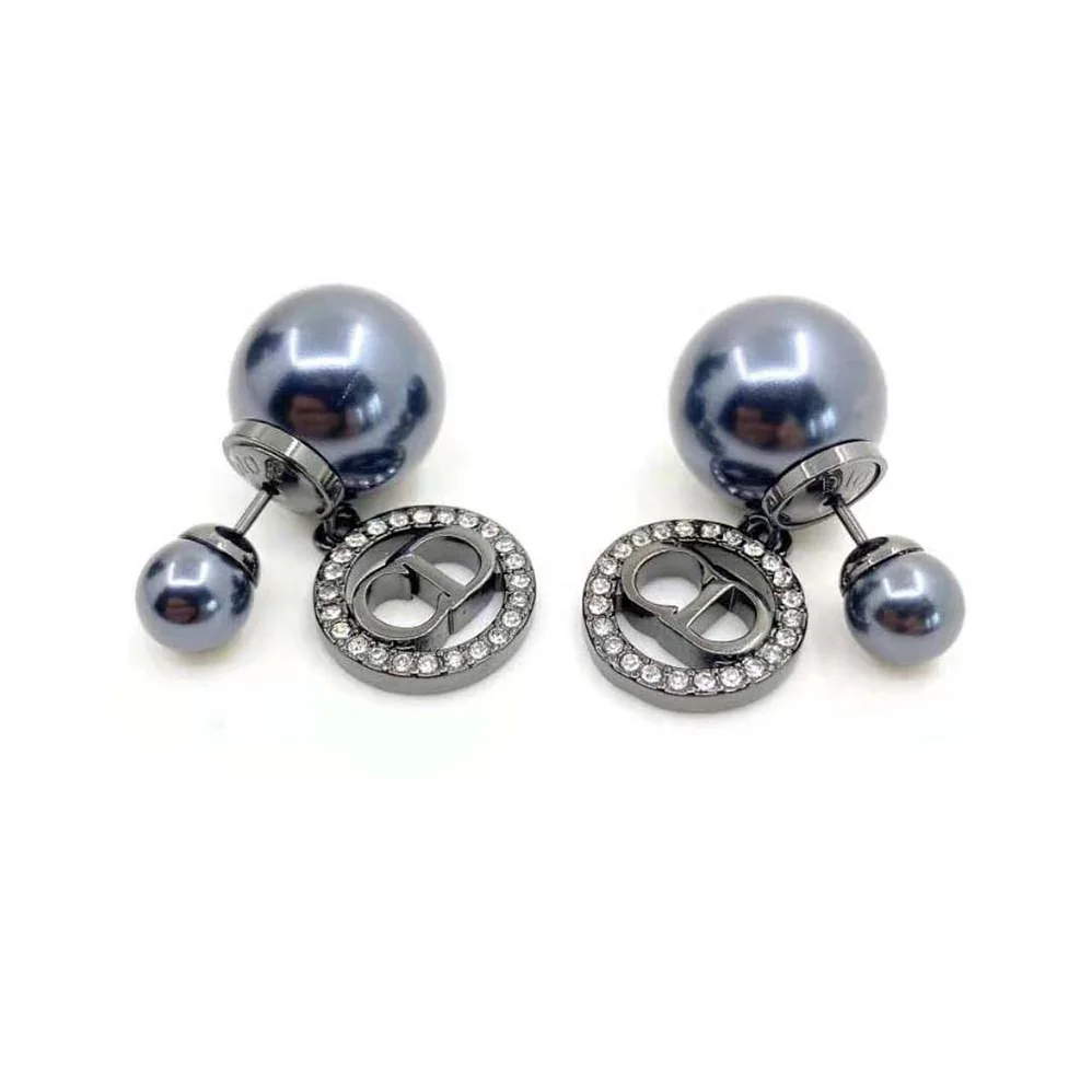 Dior Tribales Earrings Ruthenium-Finish Metal with Gray Resin Pearls and Black Crystals for Women