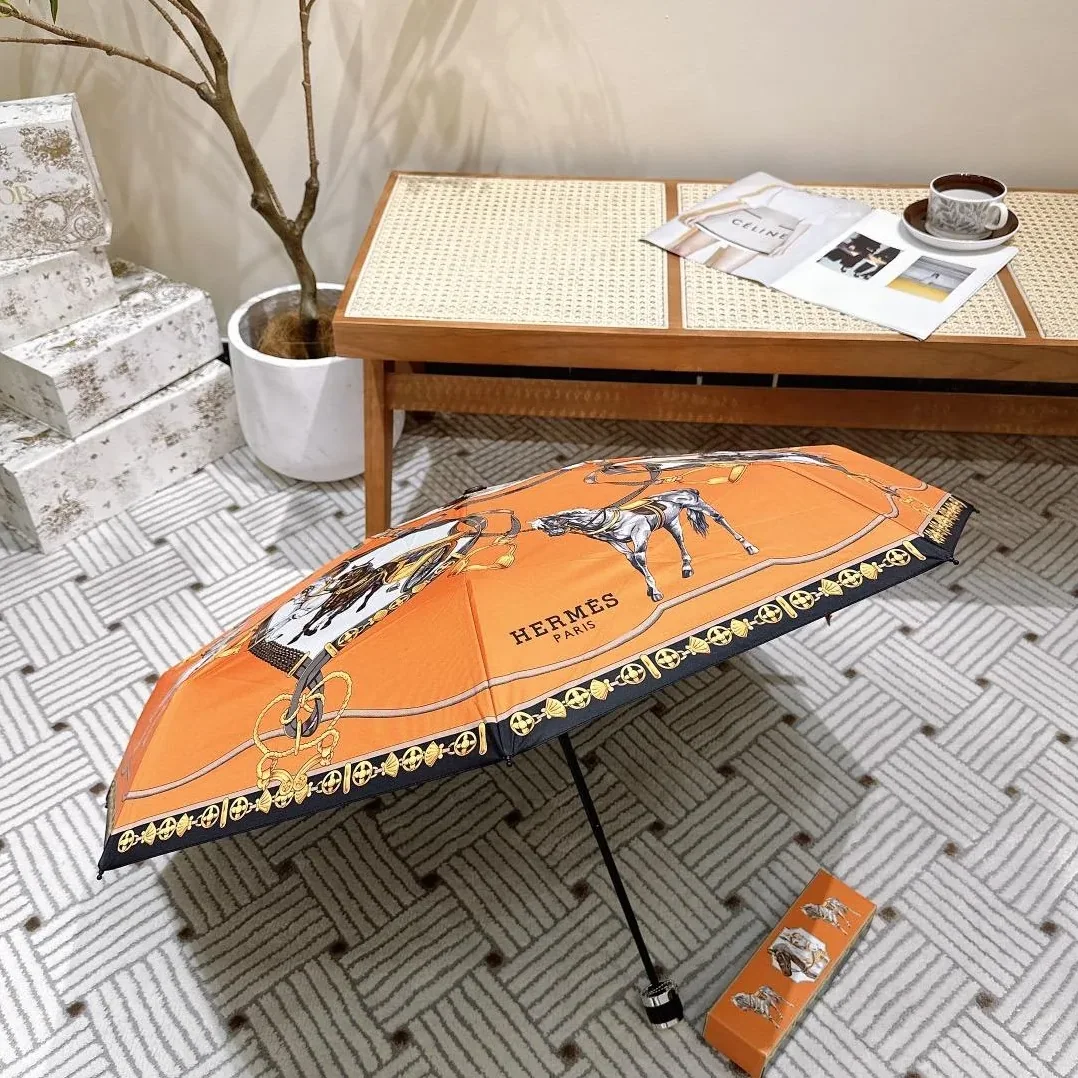 Hermes Long Umbrella With Horse Motif Orange