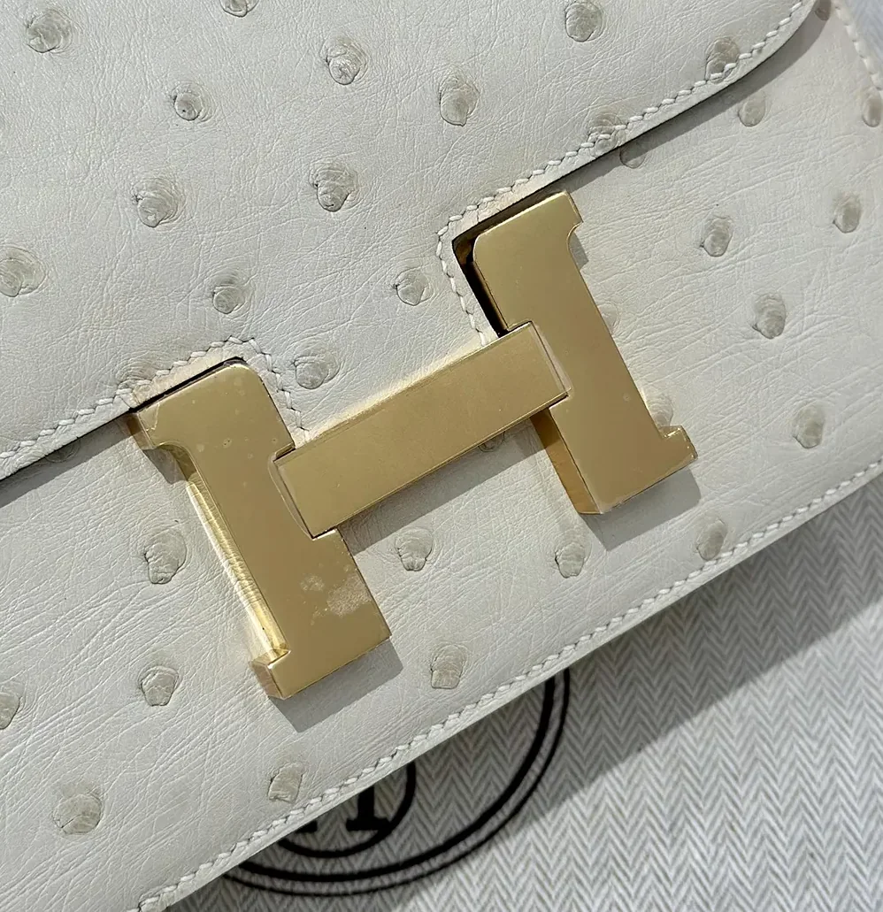 Hermes Constance 19 Bag Nata Ostrich Leather for Women in White/Gold Hermes Constance 19 Bag Nata Ostrich Leather for Women in White/Gold