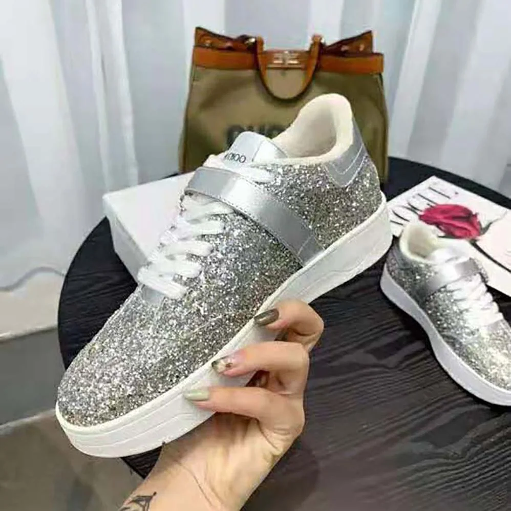 Jimmy Choo Osaka Lace up Platinum Dazzling Coarse Glitter Fabric Low Top Trainers for Women Jimmy Choo Osaka Lace up Platinum Dazzling Coarse Glitter Fabric Low Top Trainers for Women