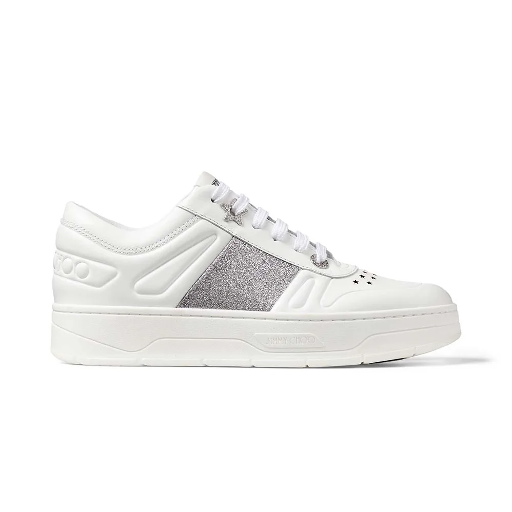 Jimmy Choo Hawaii F White Calf Leather Lace-Up Trainers with Glitter Stripe for Women Jimmy Choo Hawaii F White Calf Leather Lace-Up Trainers with Glitter Stripe for Women