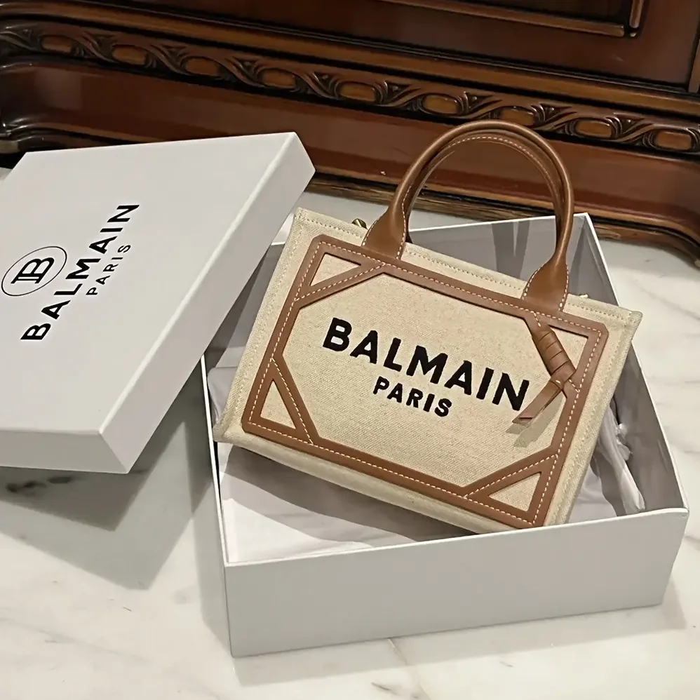 Balmain B-Army Small Canvas Shopping Bag with Leather Inserts for Women Balmain B-Army Small Canvas Shopping Bag with Leather Inserts for Women