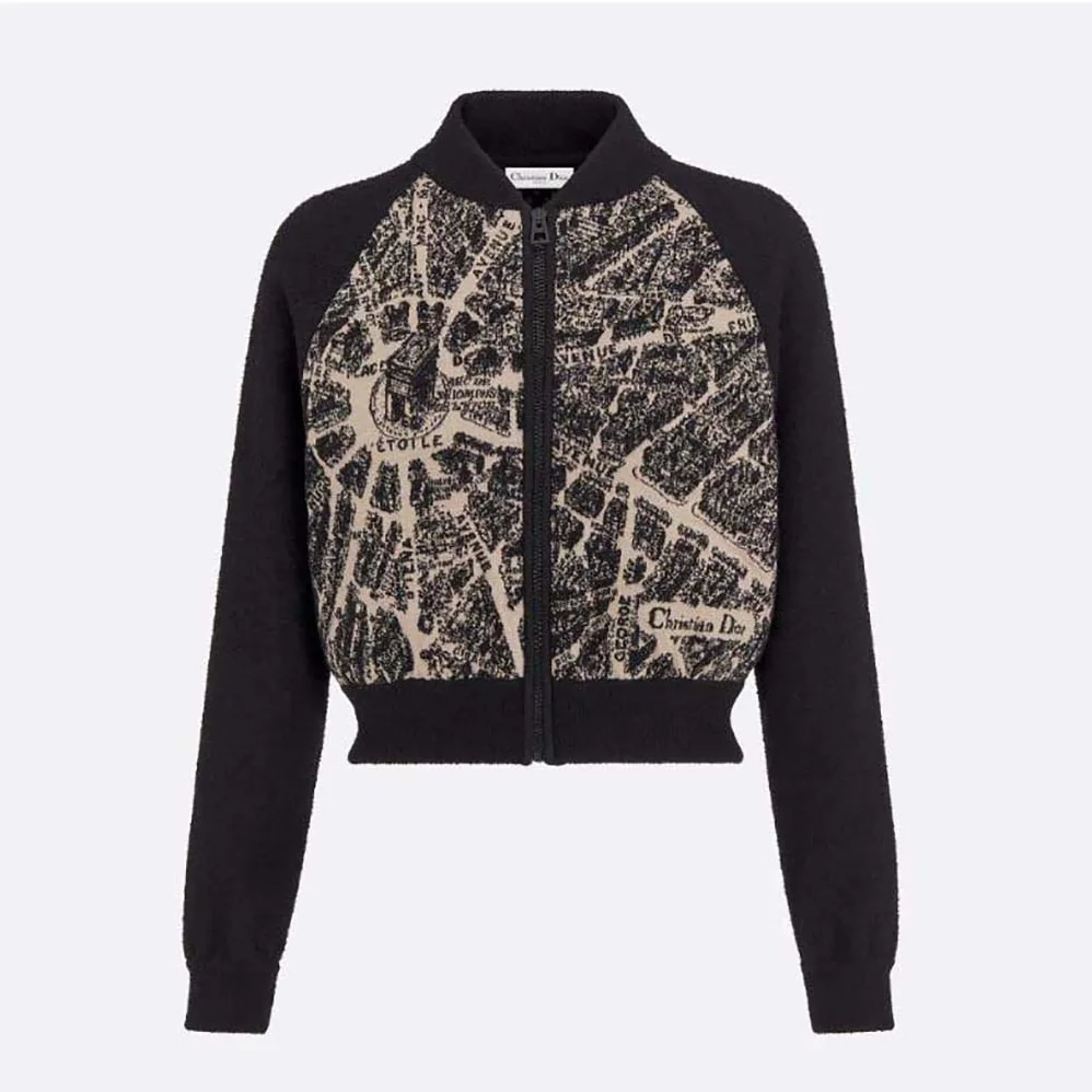 Dior Bomber Jacket Beige and Black Technical Virgin Wool Knit with Plan de Paris Motif for Women