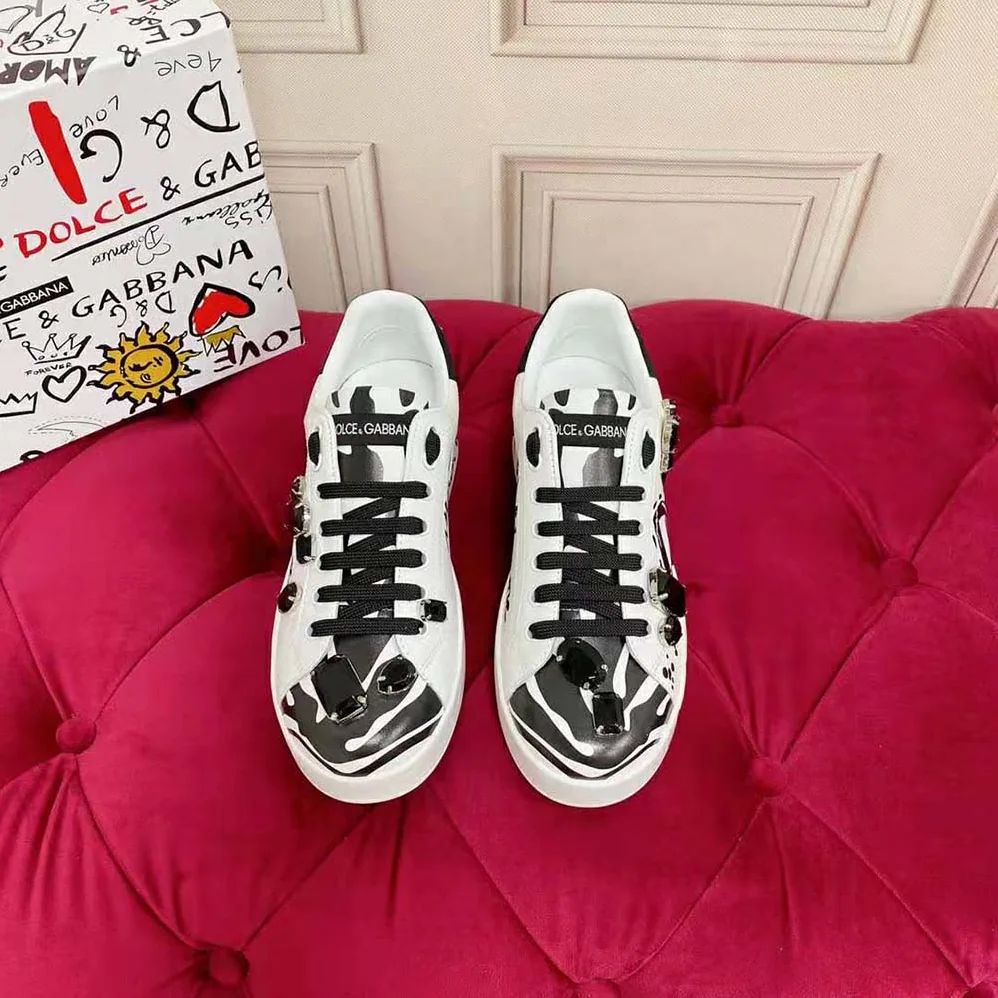 Dolce Gabbana D&G Calfskin Portofino Sneakers with Embroidery for Unisex