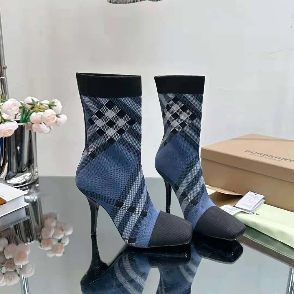 Burberry Knitted Check Sock Boots for Women in Navy Burberry Knitted Check Sock Boots for Women in Navy