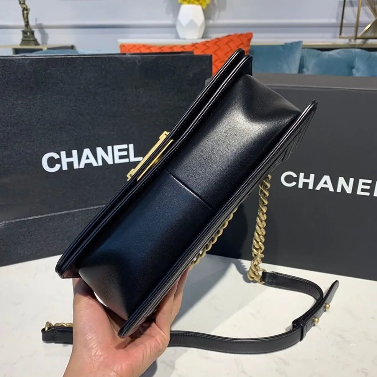 Chanel Boy Medium Crossbody Bag in Black Gold Hardware
