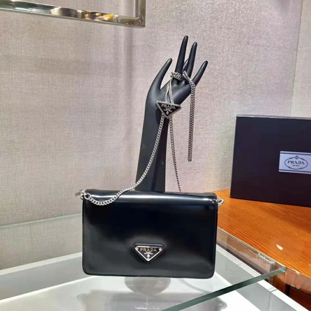 Prada Brushed Leather Shoulder Bag for Women in Black Prada Brushed Leather Shoulder Bag for Women in Black