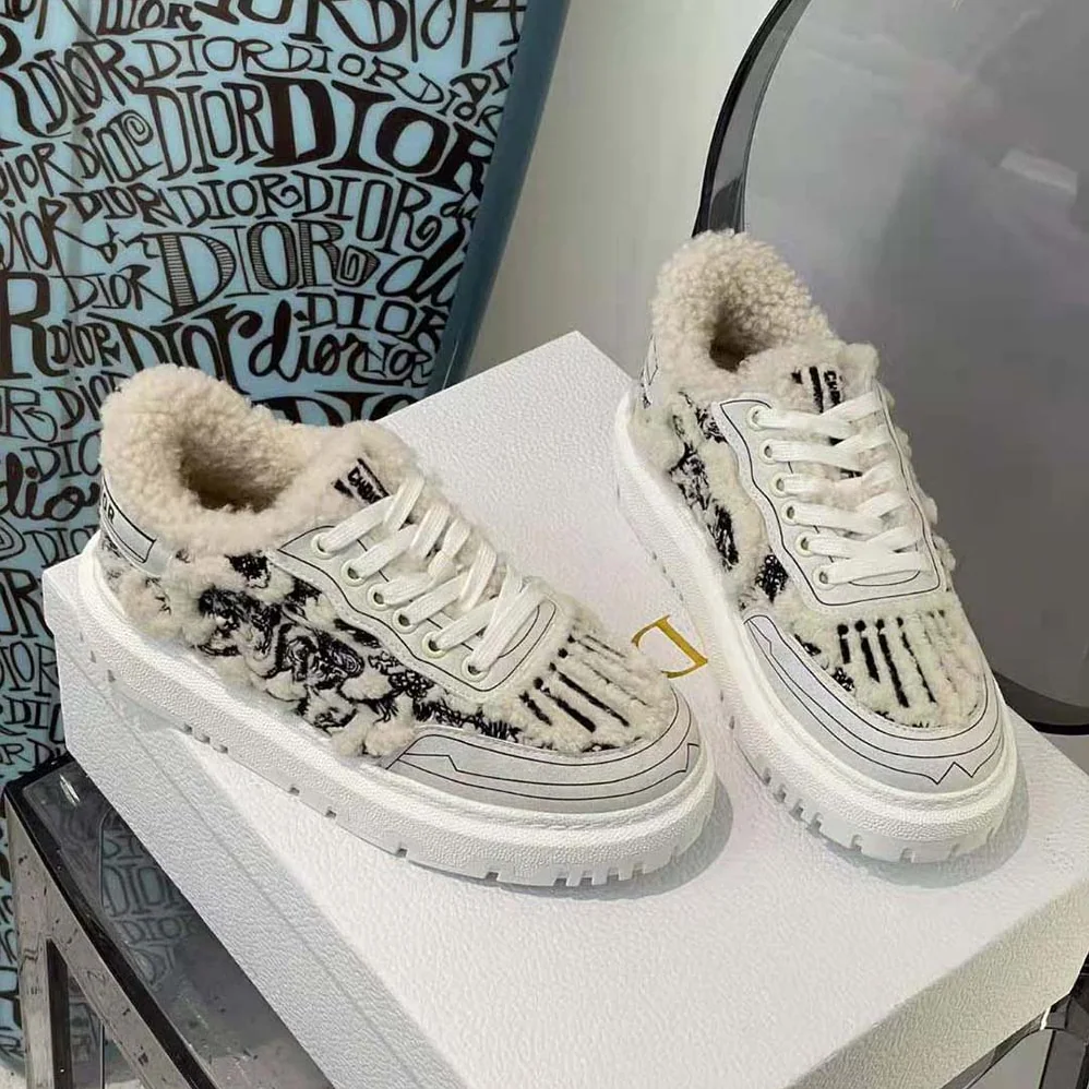 Dior Addict Sneaker Blue Toile de Jouy Embroidered Natural Shearling for Women
