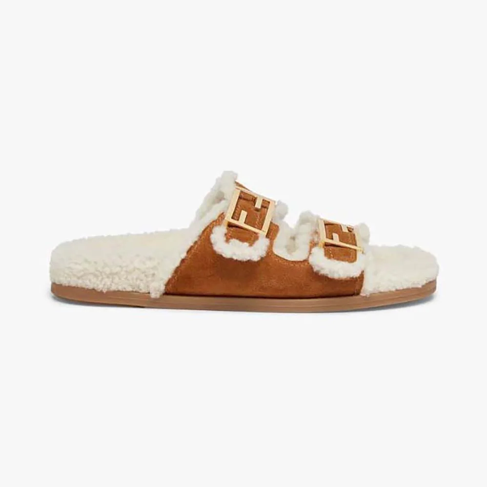 Fendi Feel White Sheepskin Slides for Women