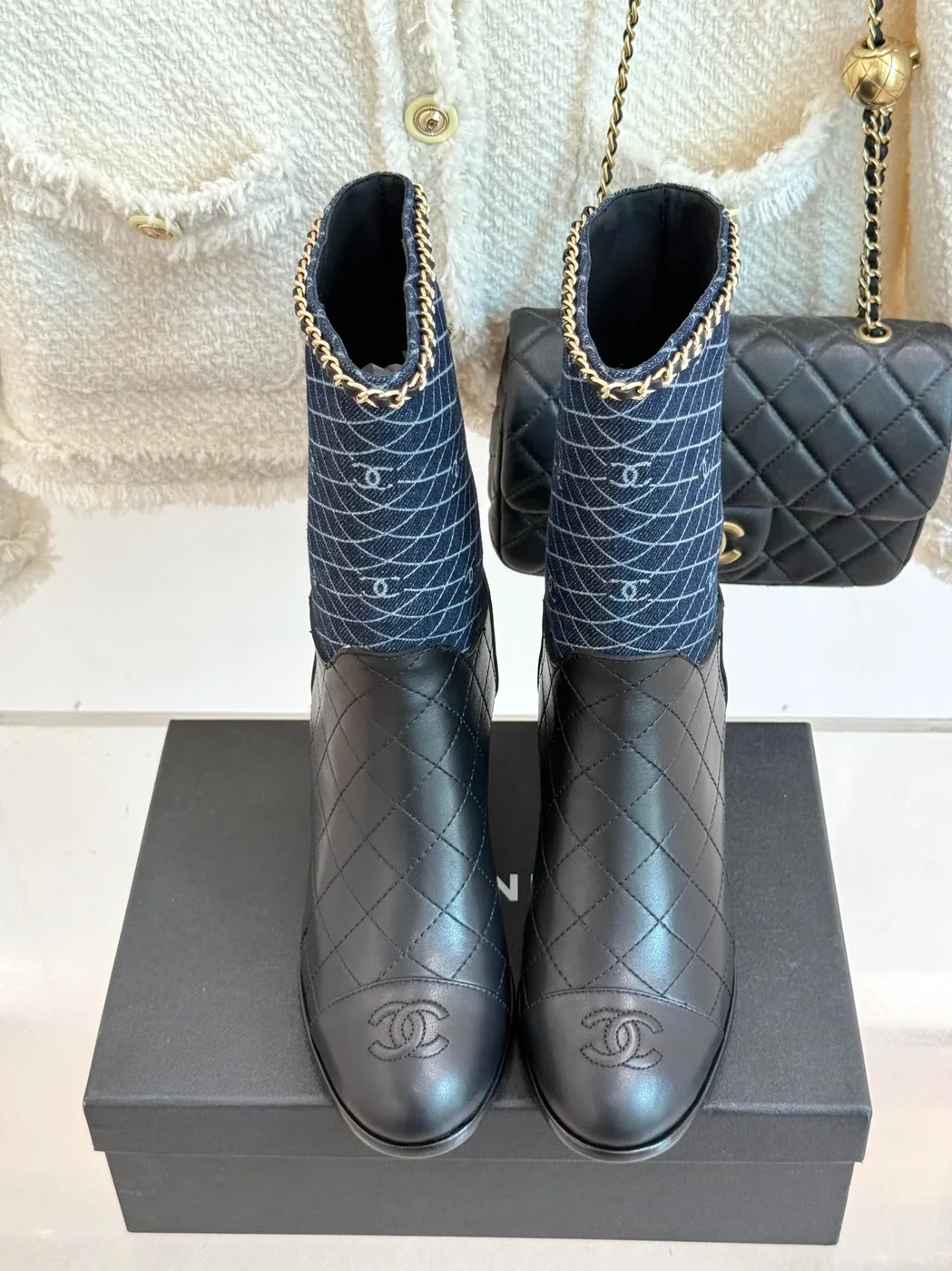 Chanel Double C Chunky Heel Boots With Chain Detail Blue Denim Chanel Double C Chunky Heel Boots With Chain Detail Blue Denim