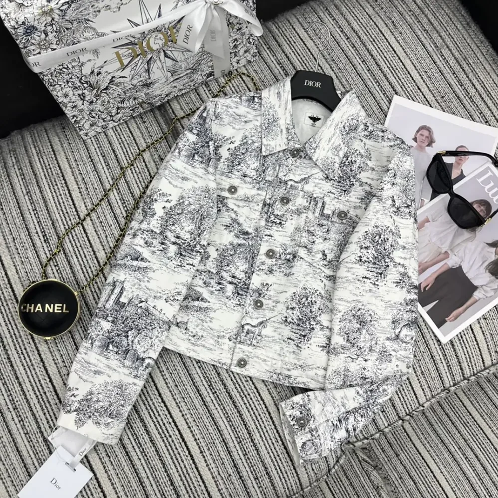 Dior Jacket White Cotton Denim with Blue Toile de Jouy Scotland Motif for Women Dior Jacket White Cotton Denim with Blue Toile de Jouy Scotland Motif for Women