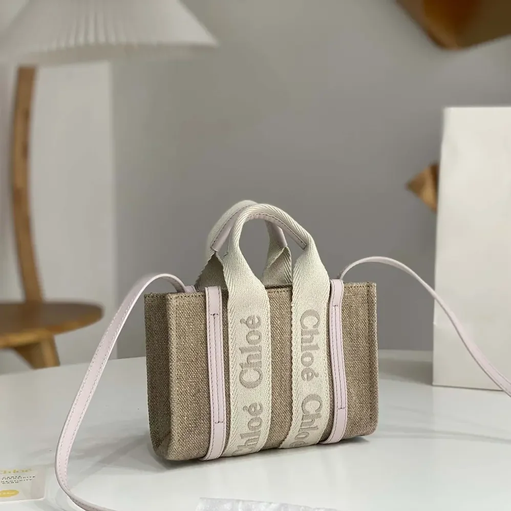Chloe Mini Woody Tote Bag in Linen & Leather for Women in Pink